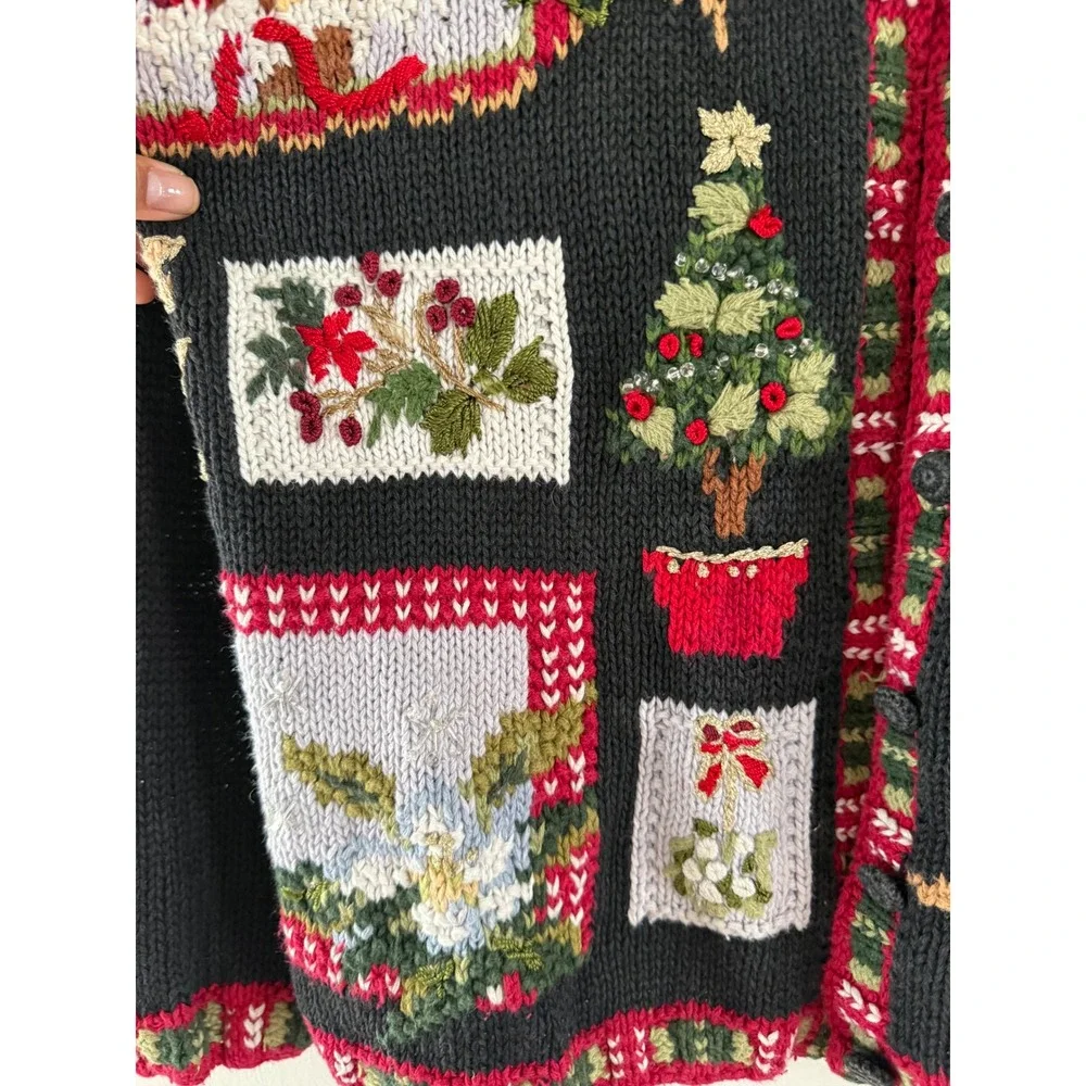 Heirloom Collectibles Vintage Christmas Cardigan Black Cardinal‎ Birdhouse Med M